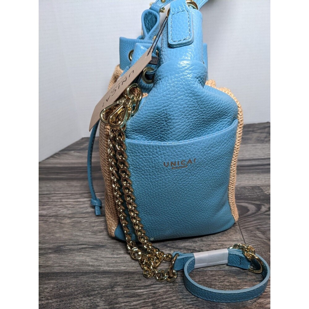 Unica Firenze Italian Leather Straw Handbag Light Blue NWT - Picture 2 of 12